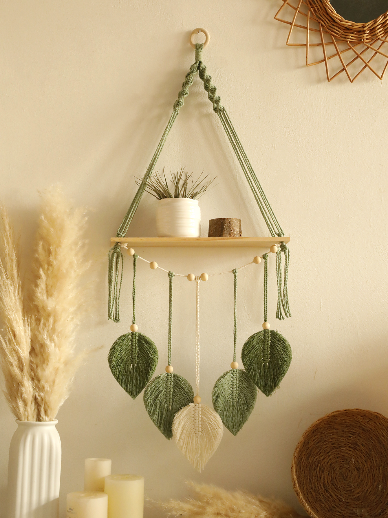 Wall Scroll Tapestry - Leaf Macrame Floating Shelf Tapestry Art