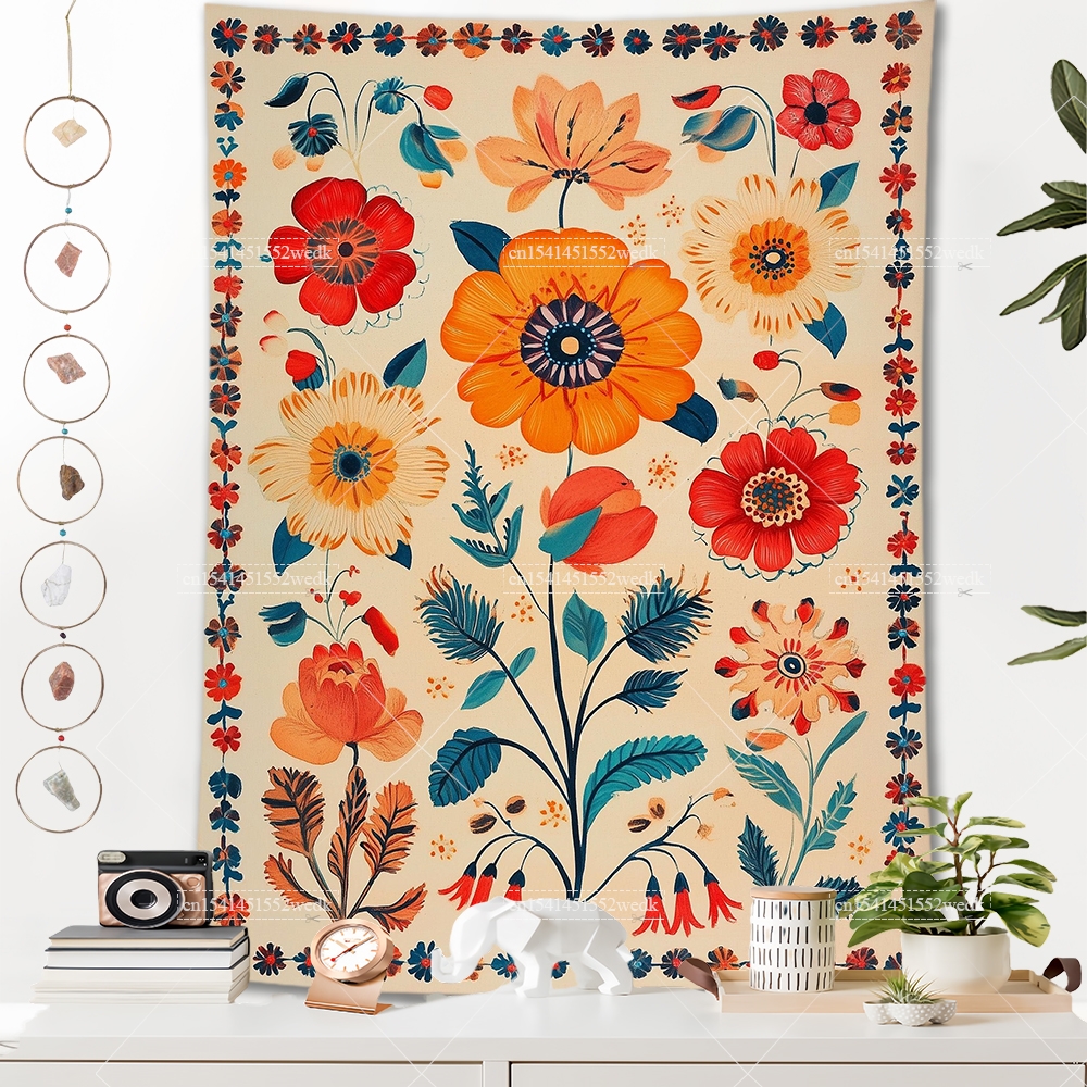 Wall Scroll Tapestry - Boho Vintage Mexican Flowers Tapestry Folk
