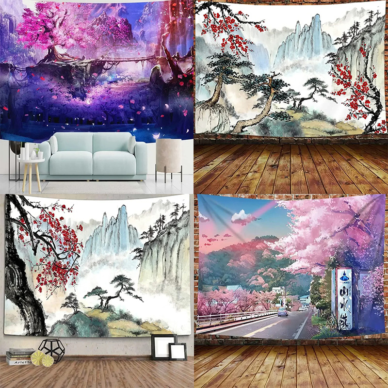 Wall Scroll Tapestry - Japanese Mountains And Cherry Blossom Tapestry