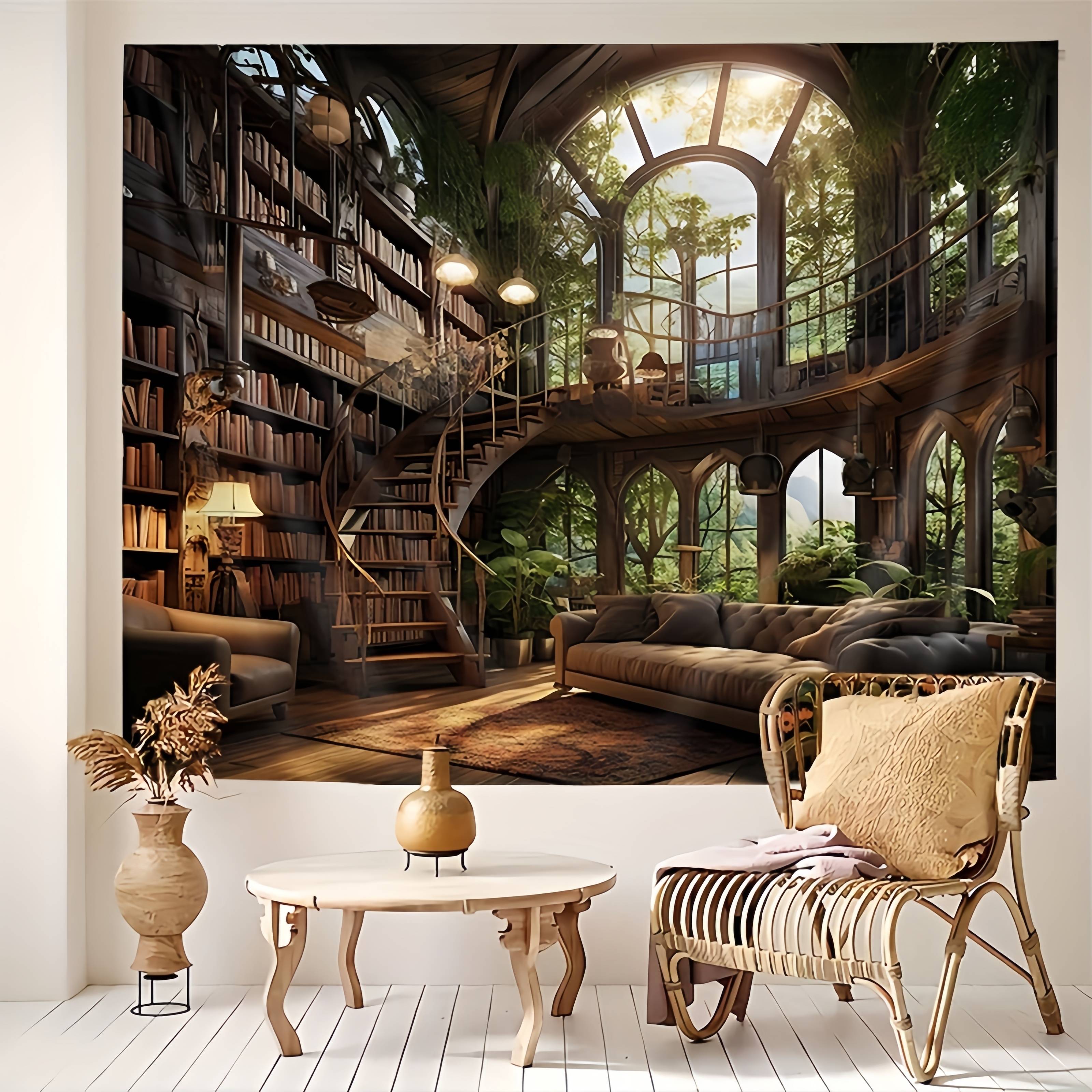 1 piece vintage bookshelf patt - Wall Scroll Tapestry ulasan dan harga