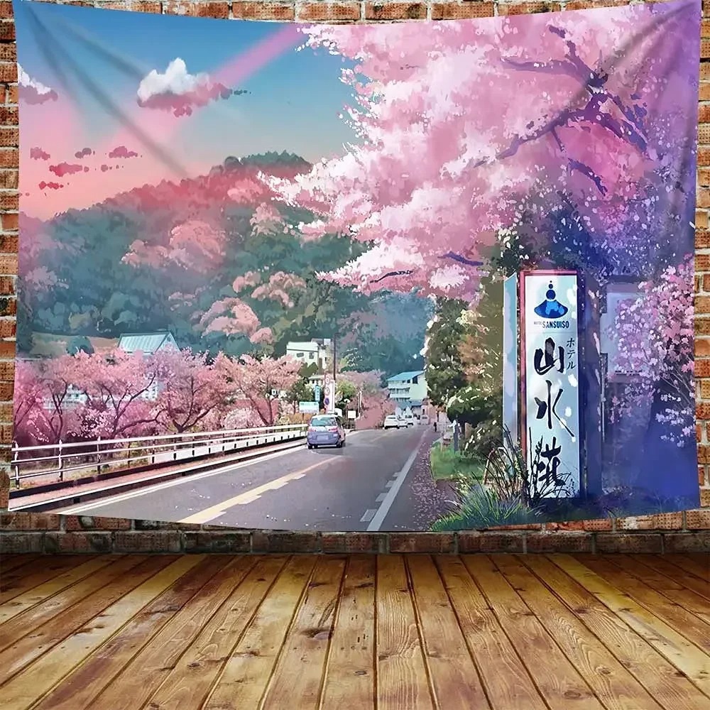 Japanese Mountains And Cherry  - Wall Scroll Tapestry ulasan dan harga