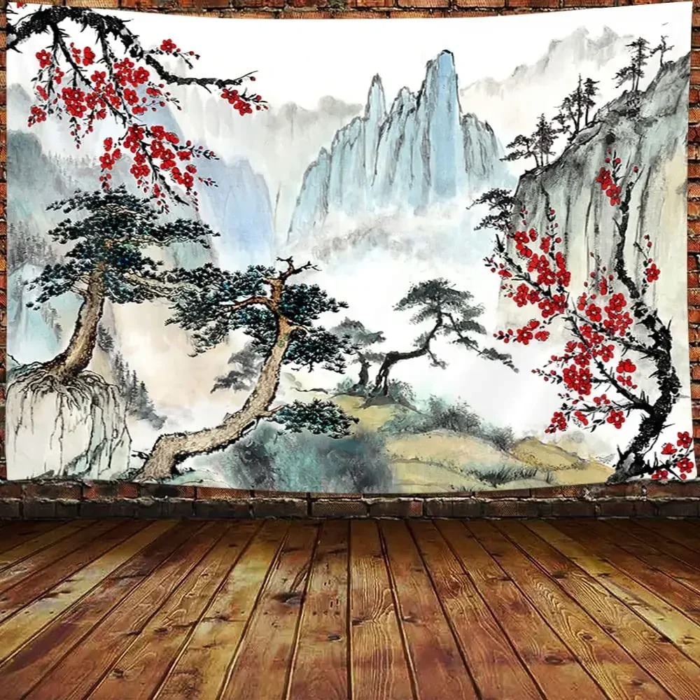 Japanese Mountains And Cherry  - Wall Scroll Tapestry ulasan dan harga